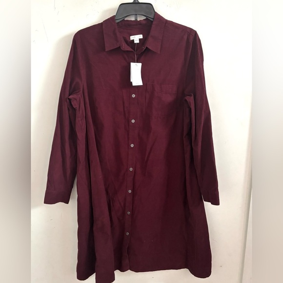 J Jill Burgundy Shirt Dress Women’s L Corduroy Long Sleeve Button Front Velvet - Picture 1 of 5